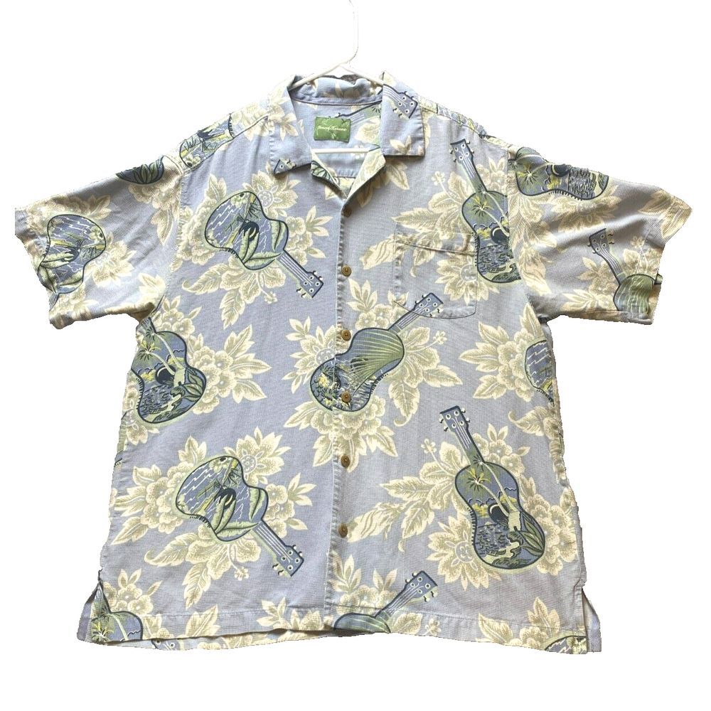 Tommy Bahama Shirt Adult Large AOP Guitar Flower Camp Hawaiian Aloha‎ Silk Mens